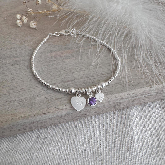 30th Birthday February Birthstone Bracelet, Personalised Initial 30 tag Birthday Gift in Sterling Silver