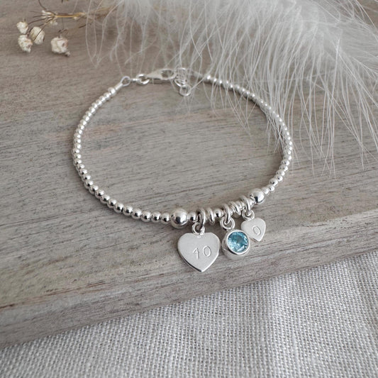 40th Birthday March Birthstone Bracelet, Personalised Initial 40 tag Birthday Gift in Sterling Silver