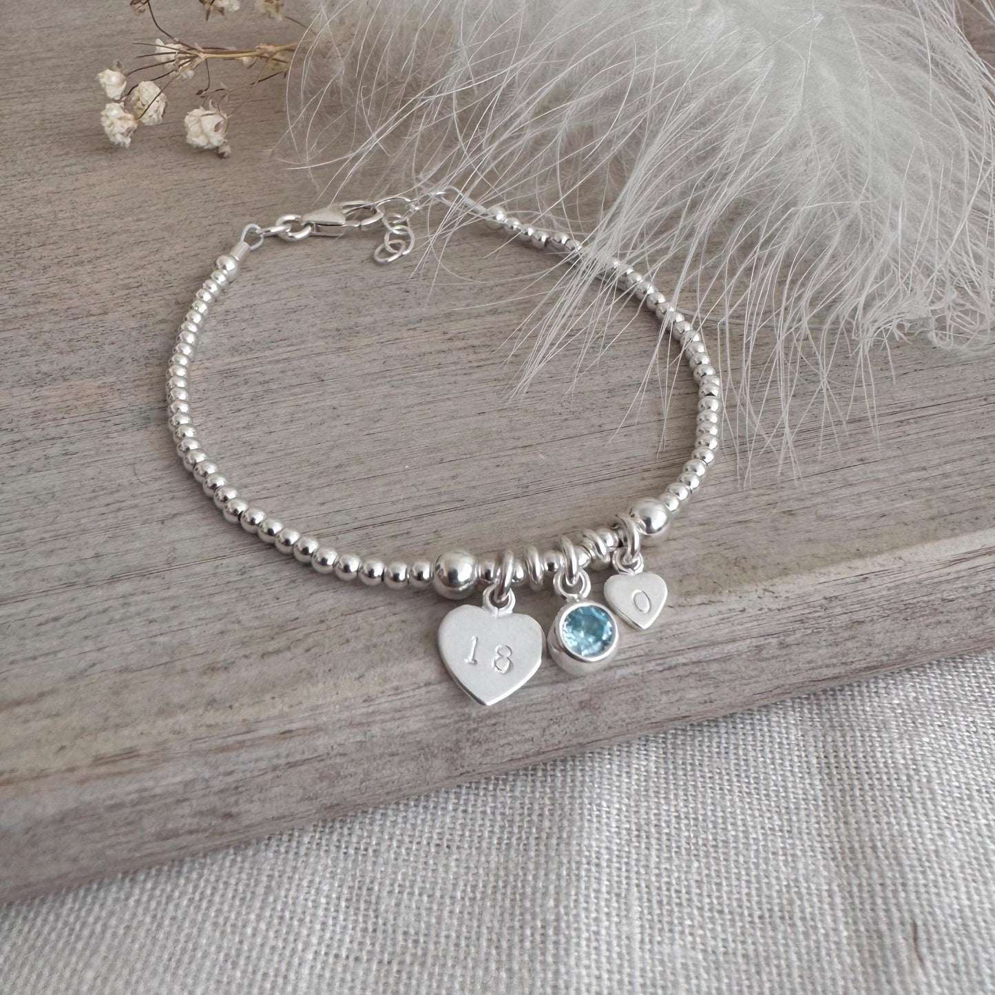 18th Birthday March Birthstone Bracelet, Personalised Initial 18 tag Birthday Gift in Sterling Silver