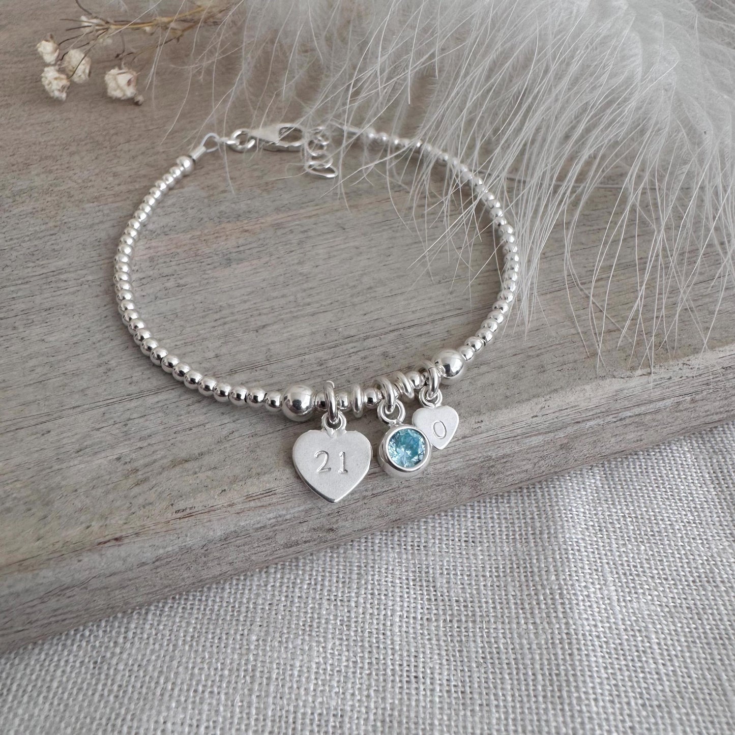 21st Birthday March Birthstone Bracelet, Personalised Initial 21 tag Birthday Gift in Sterling Silver