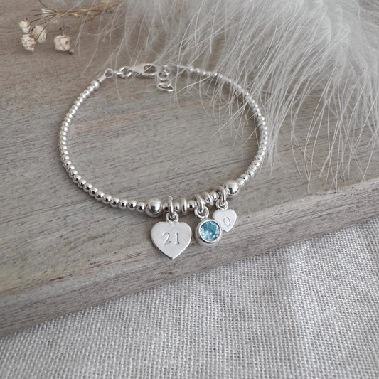 21st Birthday March Birthstone Bracelet, Personalised Initial 21 tag Birthday Gift in Sterling Silver