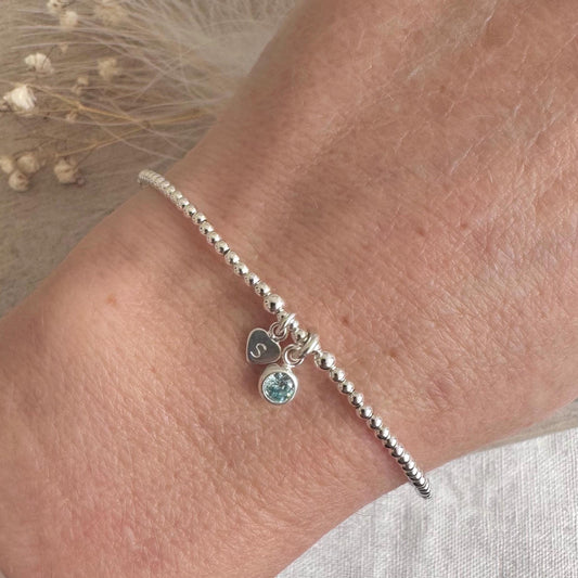 Dainty March Birthstone CZ Initial Bracelet, Personalised Jewellery