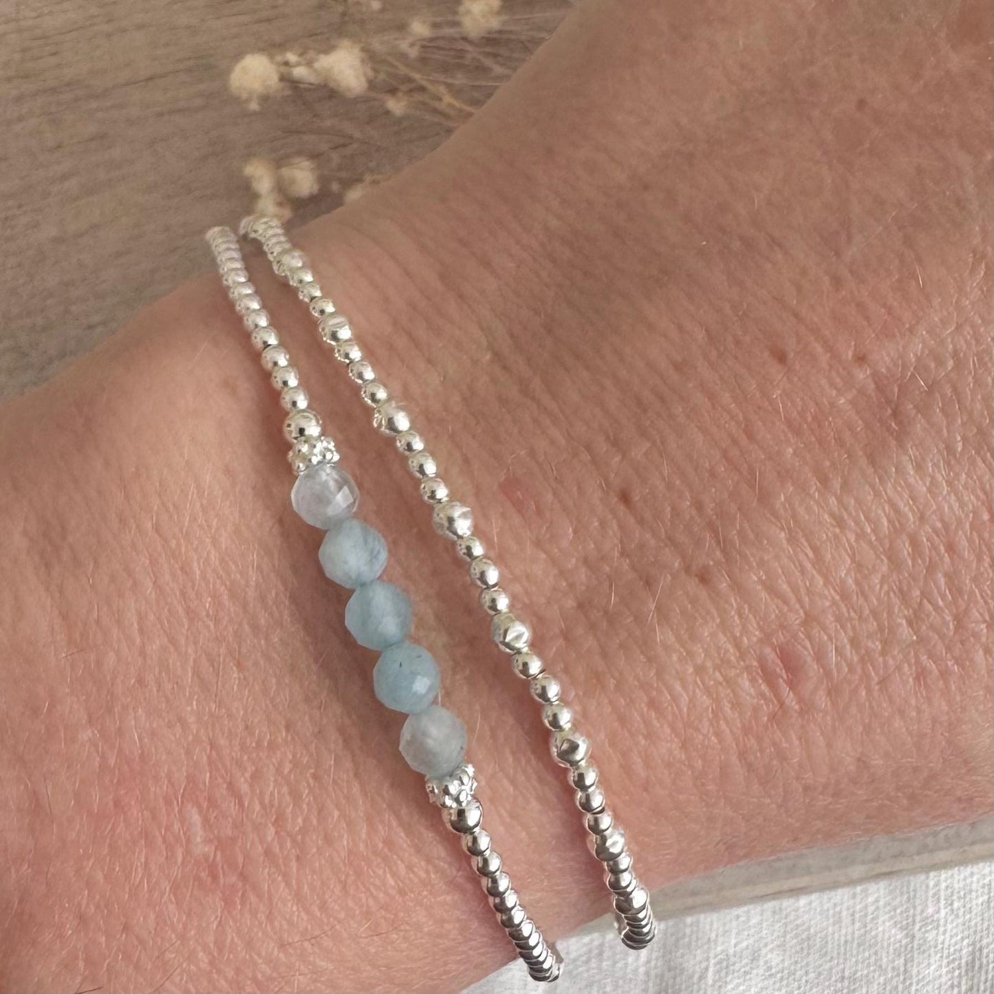 Two Stacking Bracelet Set with aquamarine, March Birthstone