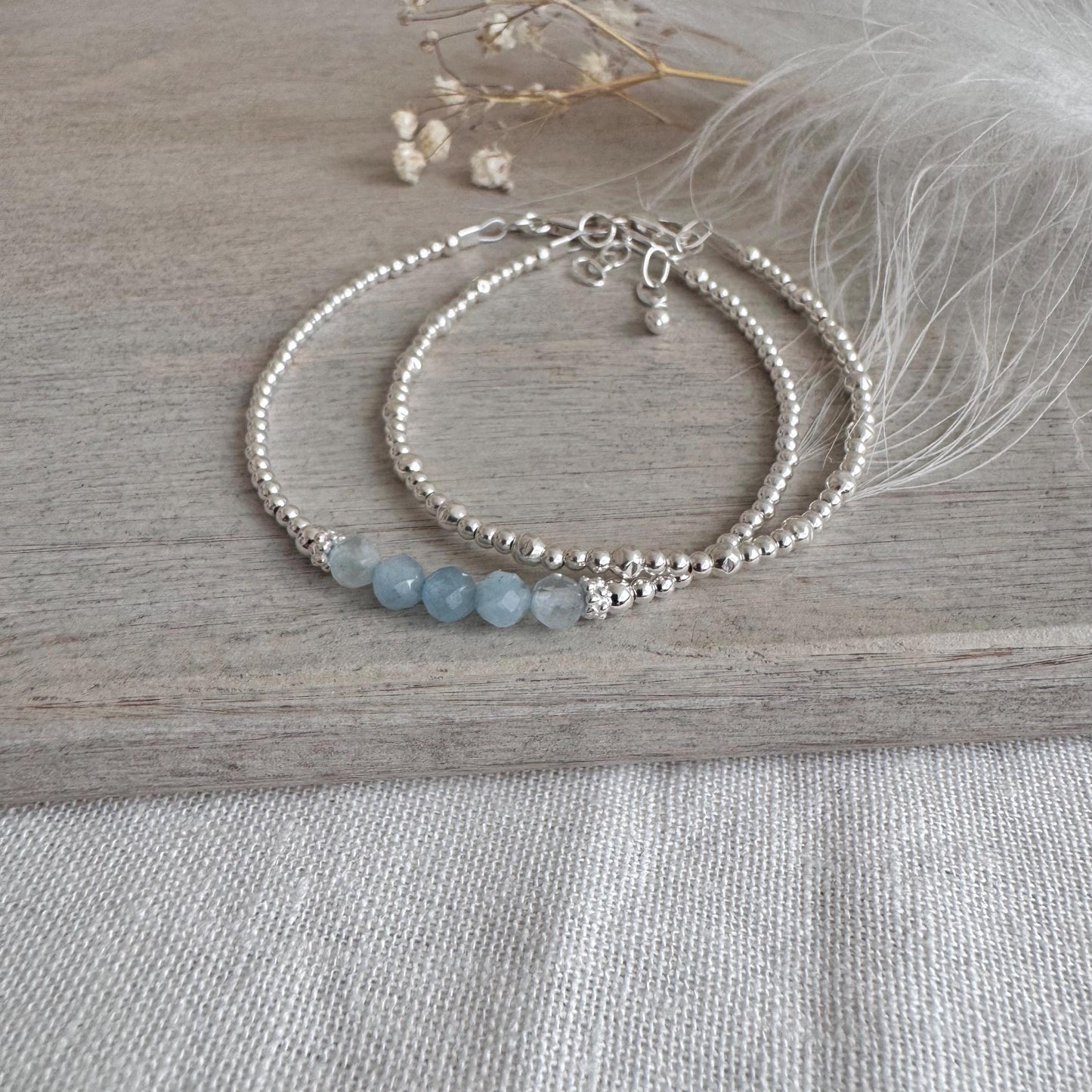 Two Stacking Bracelet Set with aquamarine, March Birthstone