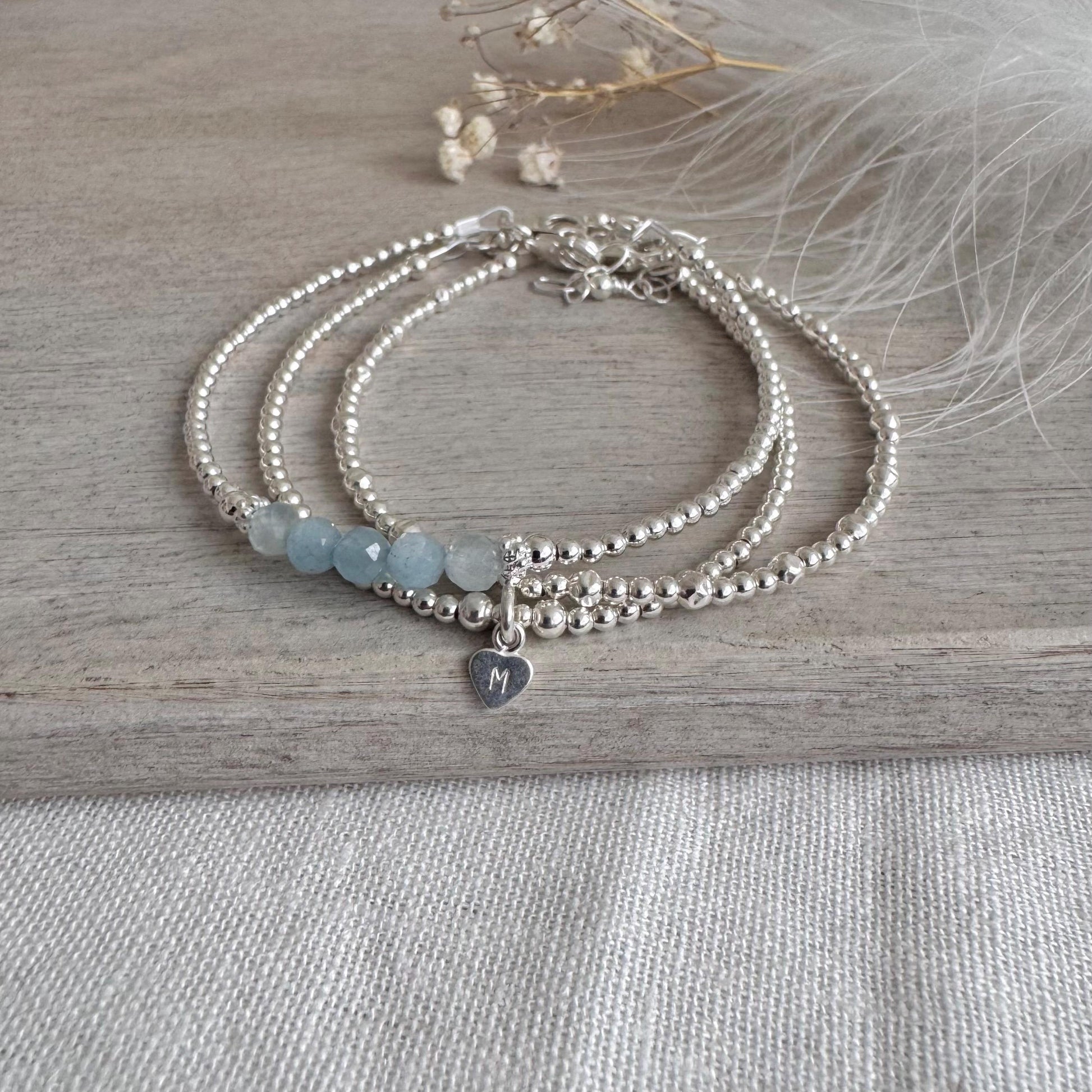 Personalised March Birthstone Aquamarine Bracelet Set, Dainty Sterling Silver Stacking Bracelets for Women