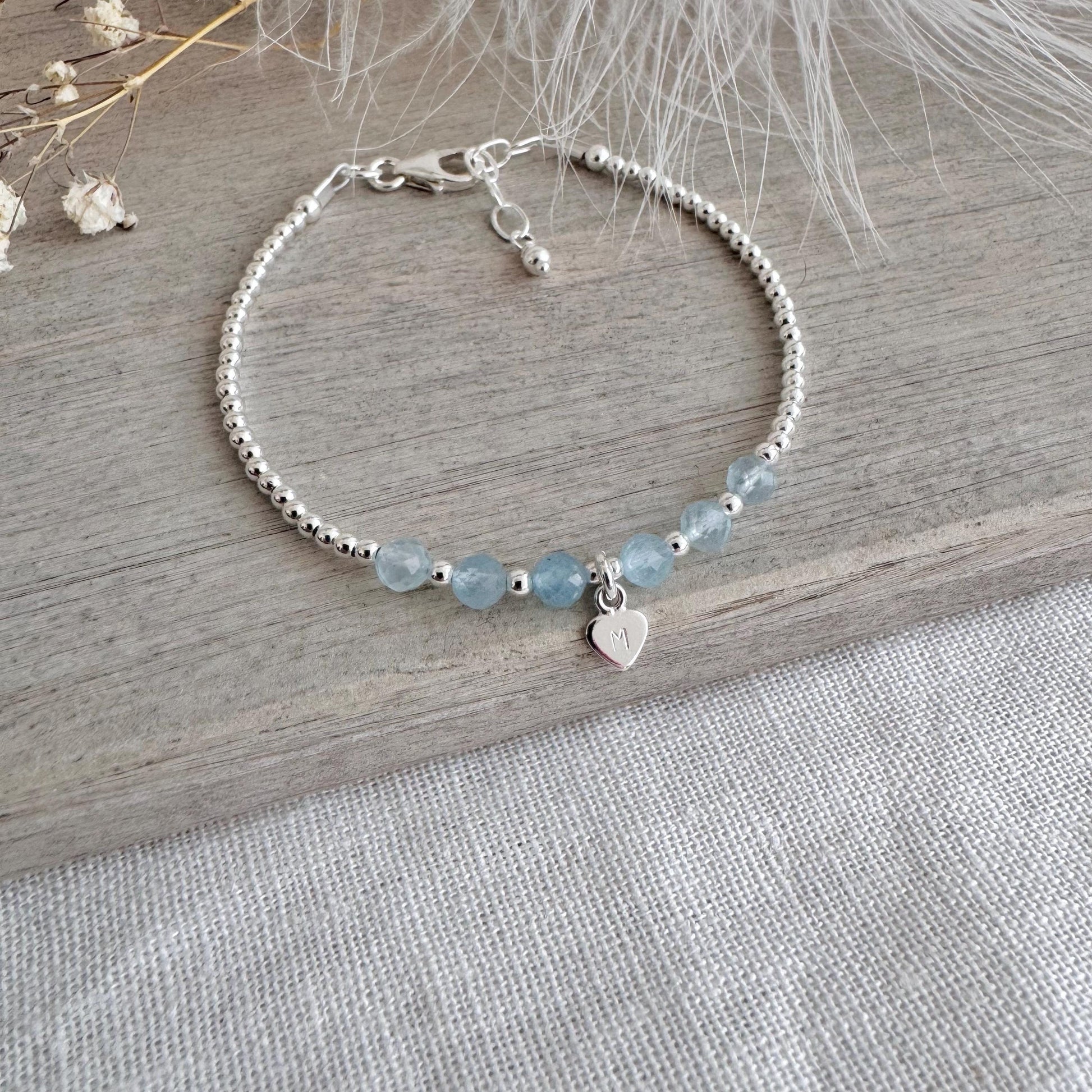 Personalised Aquamarine Bracelet, Dainty March Birthstone Jewellery in Sterling Silver