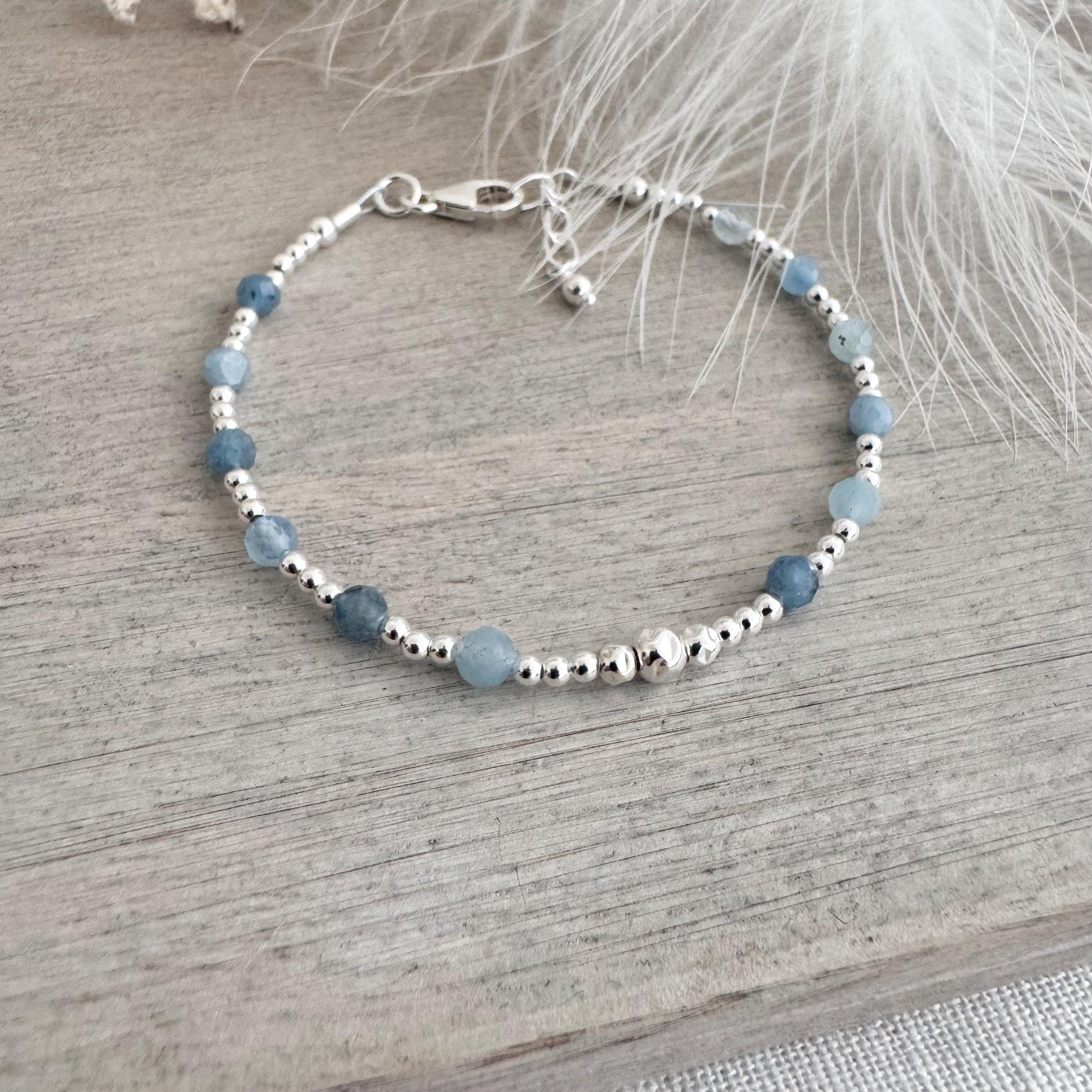 Aquamarine March Birthstone Bracelet, dainty stacking bracelet in sterling silver