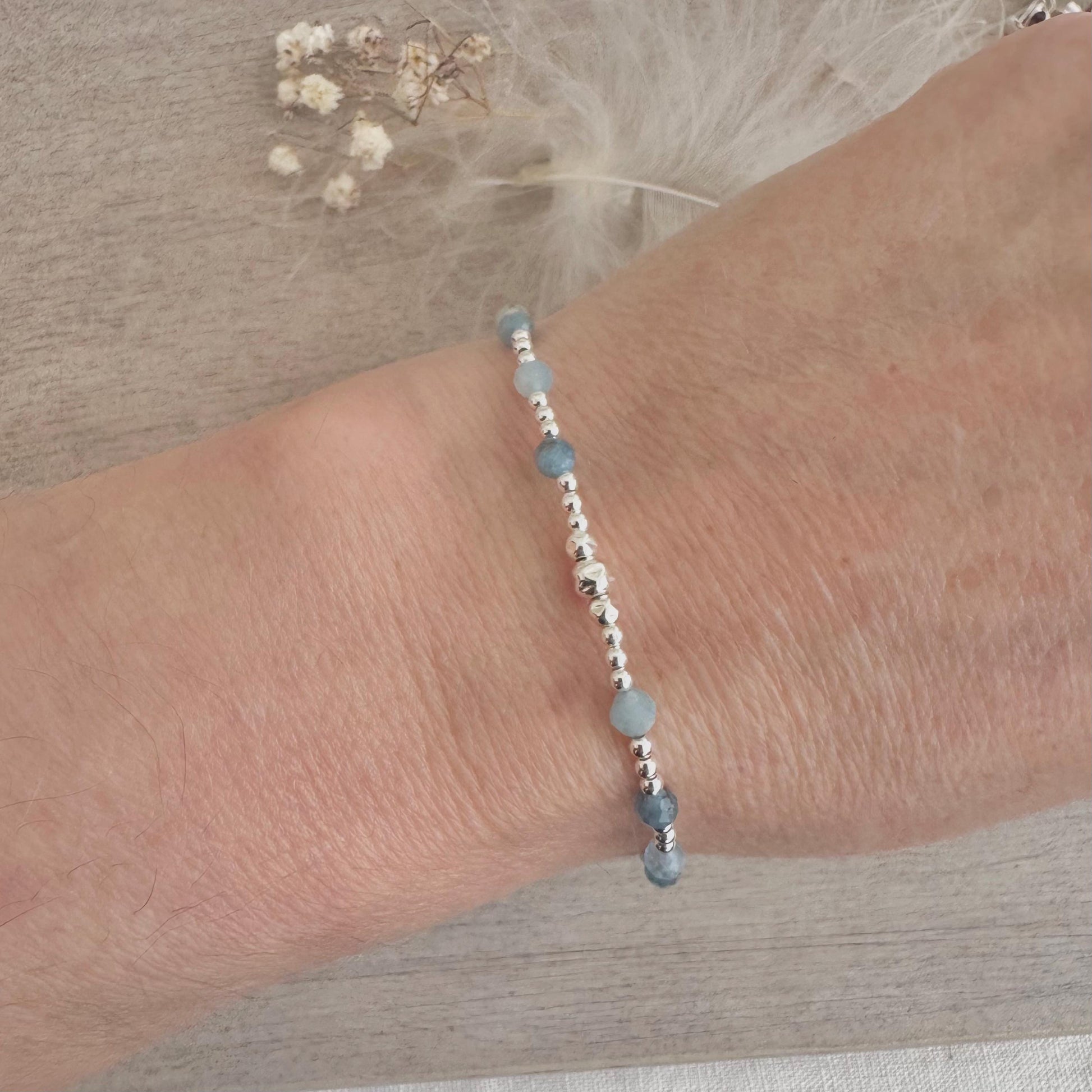 Aquamarine March Birthstone Bracelet, dainty stacking bracelet in sterling silver