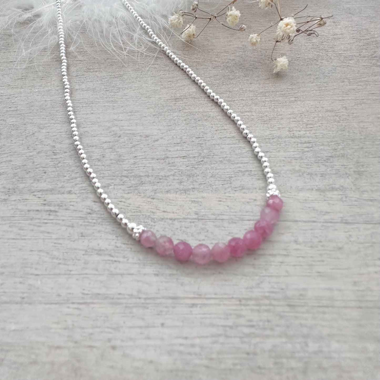 Thin Pale Pink Tourmaline and Sterling Silver Bead Necklace, October Birthstone