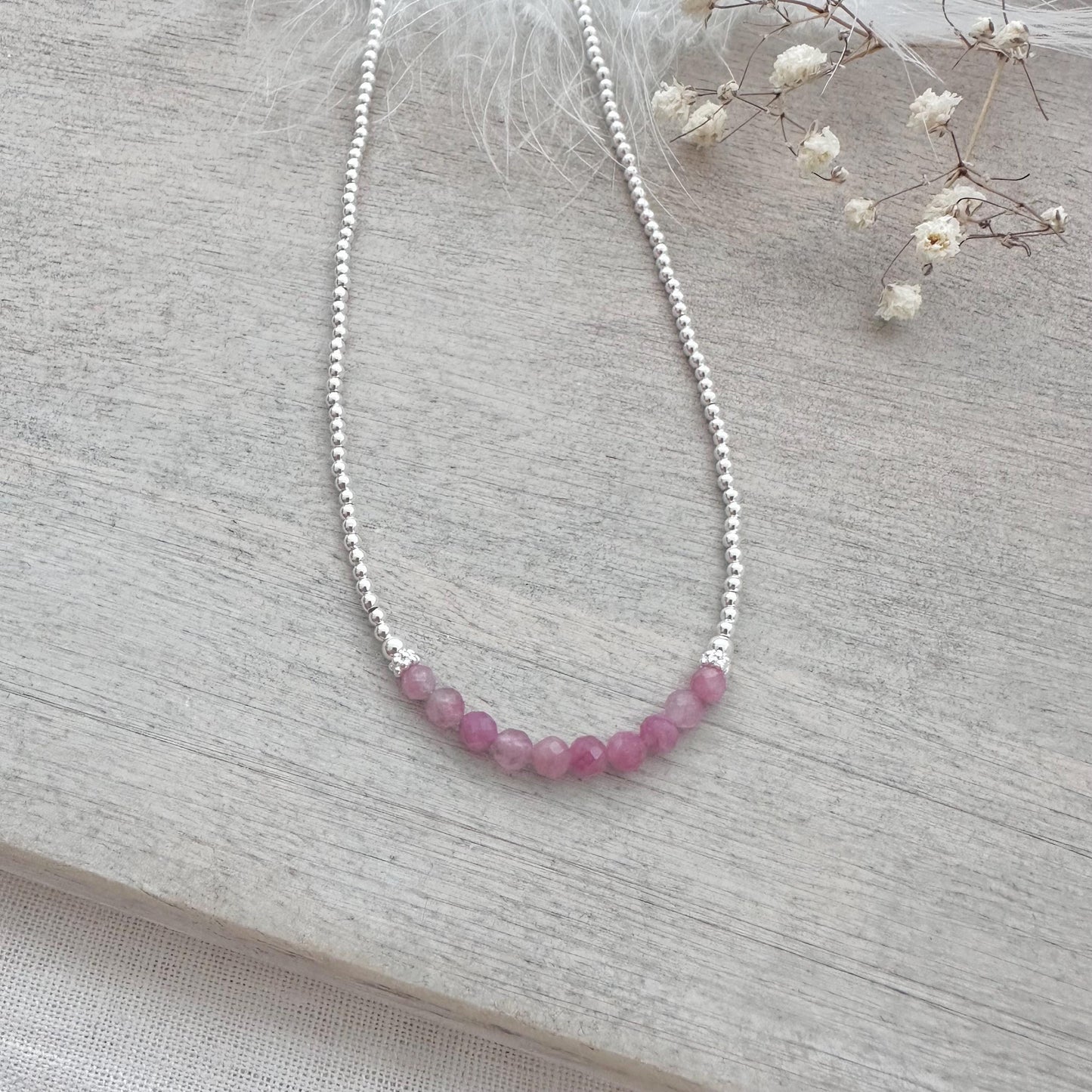 Thin Pale Pink Tourmaline and Sterling Silver Bead Necklace, October Birthstone