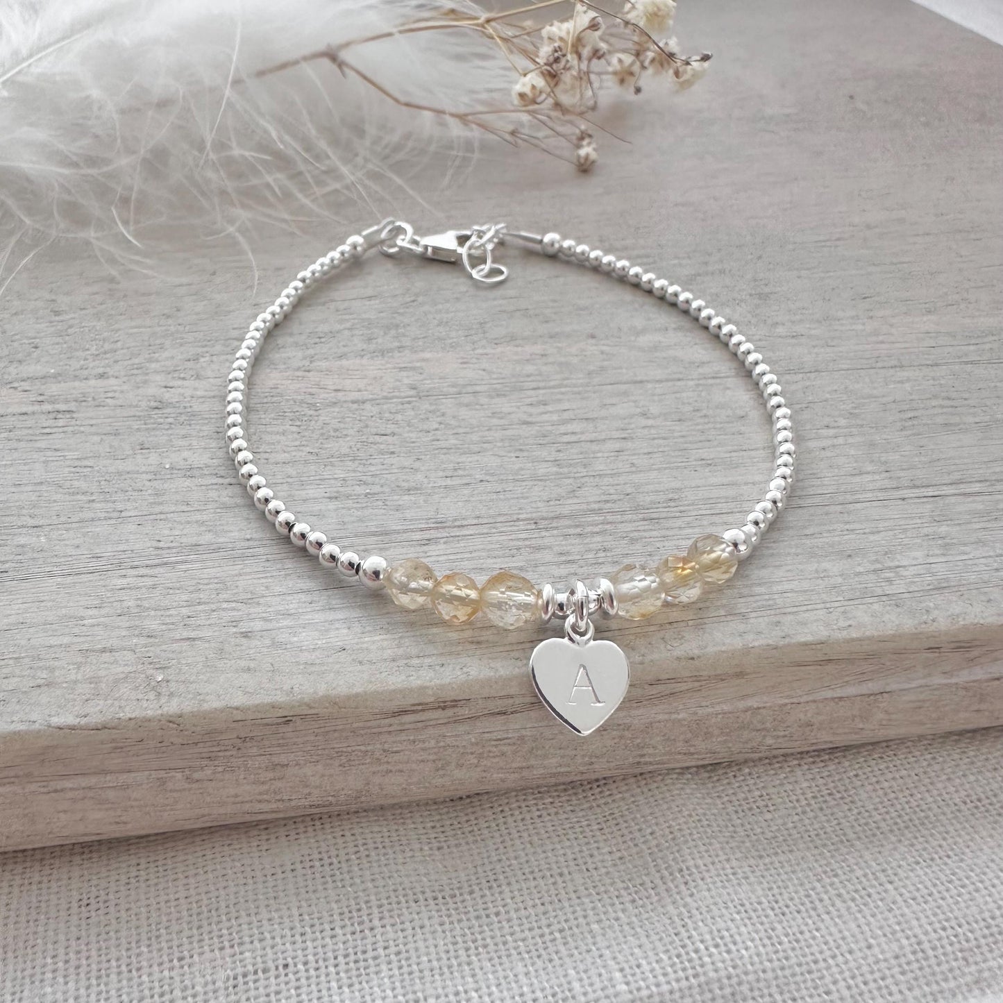 Personalised November Birthstone Bracelet, Dainty Citrine Bracelet in Sterling Silver