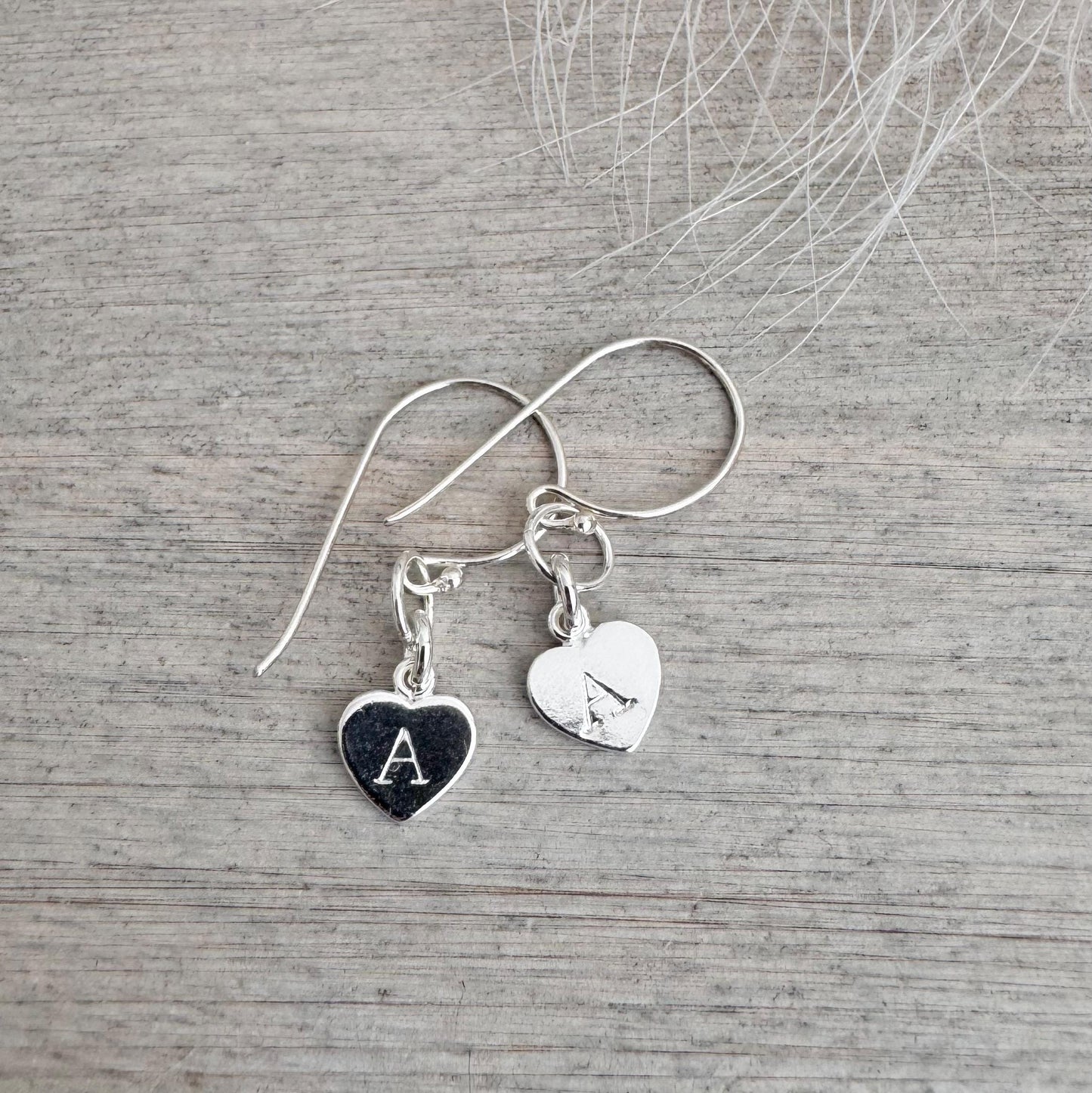 Sterling Silver Initial Earrings, Personalised Initial Heart on drop wire earrings, gift for daughter