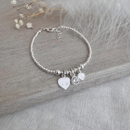 April Birthstone Bracelet for Milestone Birthday, Personalised Initial & Age in Sterling Silver for 16th 18th 21st 30th 40th or 50th