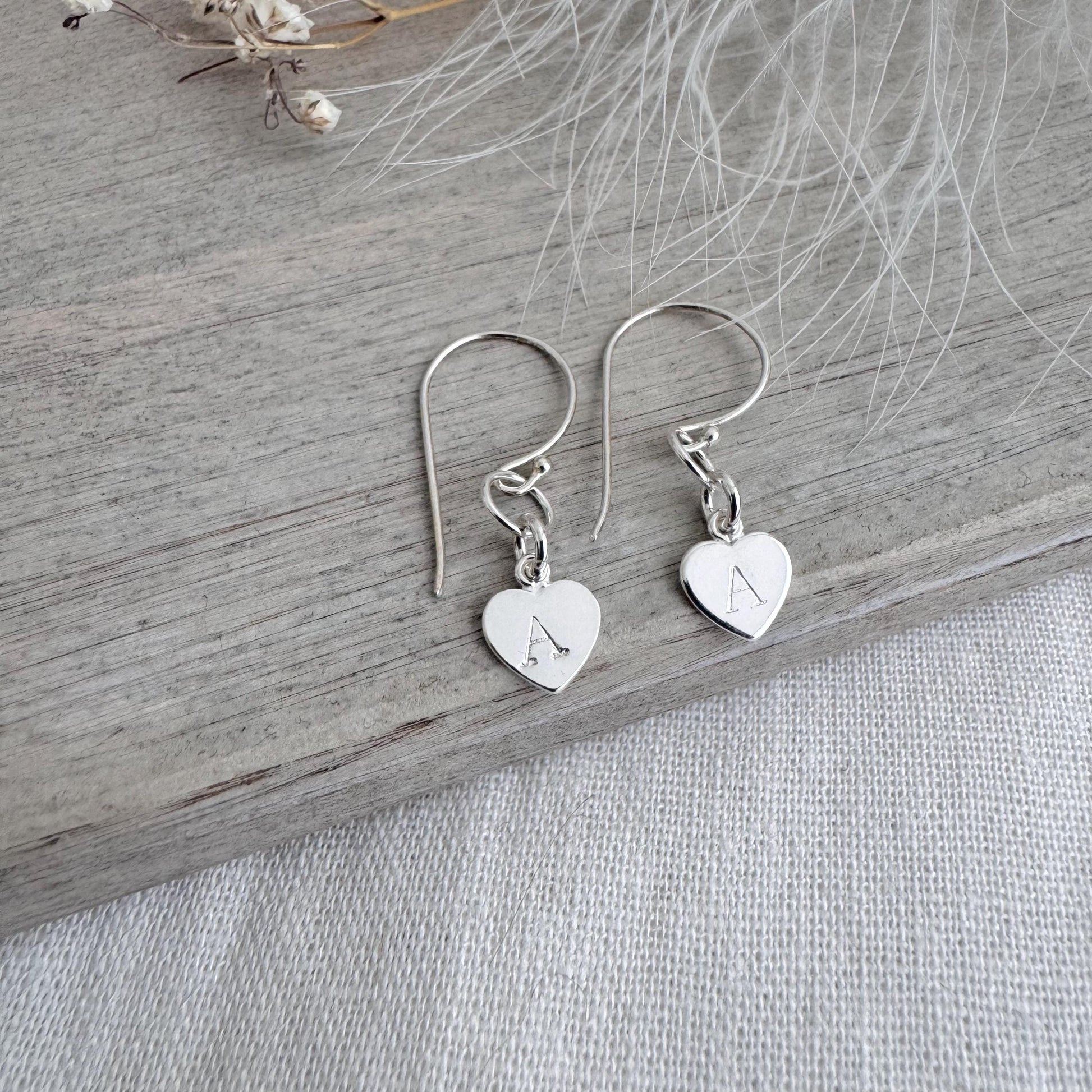 Sterling Silver Initial Earrings, Personalised Initial Heart on drop wire earrings, gift for daughter