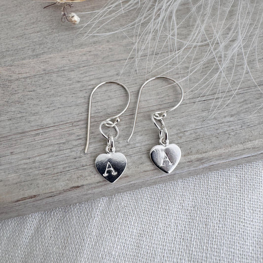 Sterling Silver Initial Earrings, Personalised Initial Heart on drop wire earrings, gift for daughter