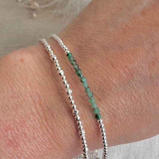 Two Stacking Bracelet Set with Green Emerald, May Birthstone