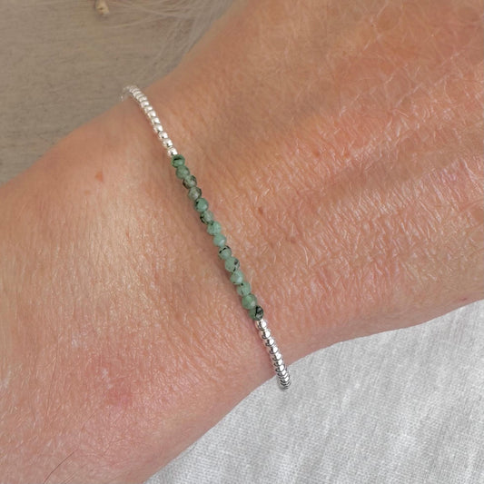 Green Emerald May Birthstone Bracelet, dainty stacking bracelet in sterling silver