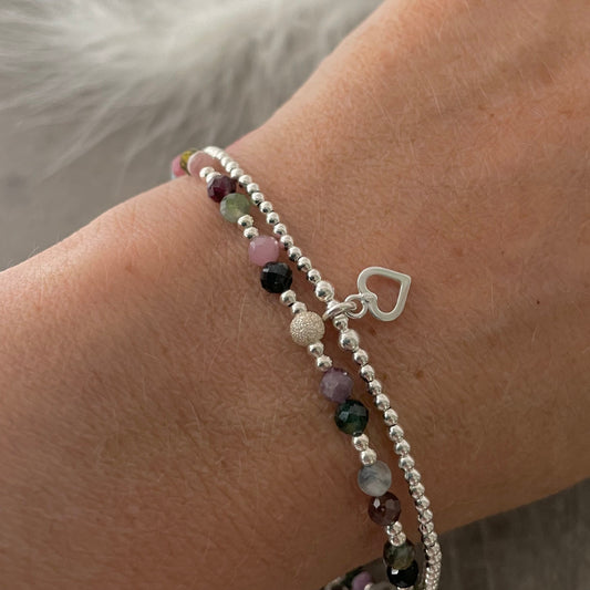 Set of 2 Tourmaline Bracelets, October Birthstone, Stacking Bracelet Set, Dainty Sterling Silver Bracelets for Women